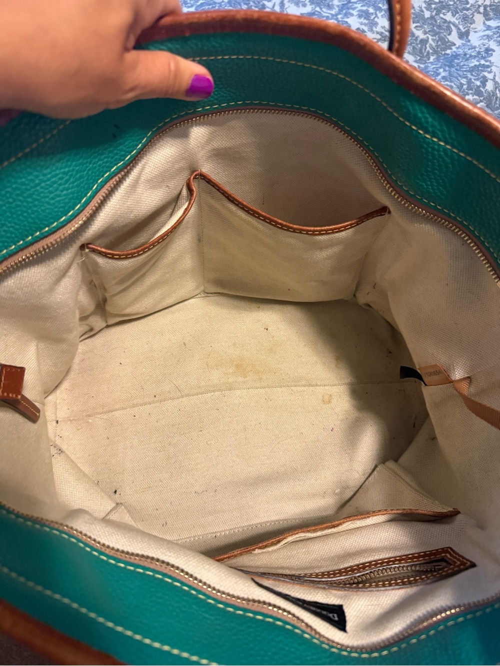 Dooney  and Bourke teal Leather Tote Bag with Brown Trim - Picture 6 of 11